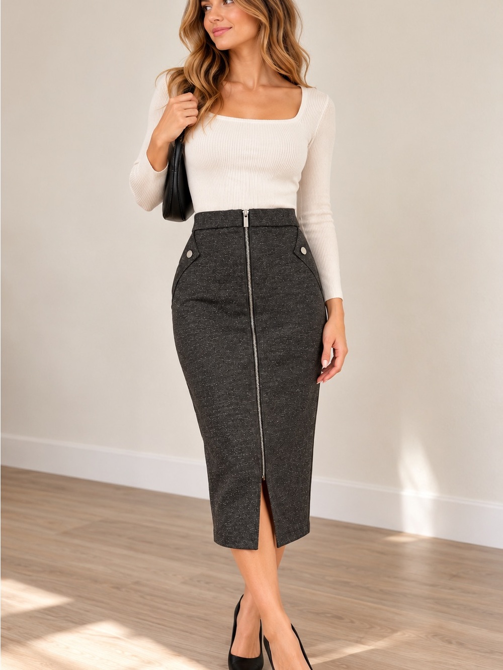 Grace Elements Charcoal Zip Front Midi Pencil Skirt M NWOT